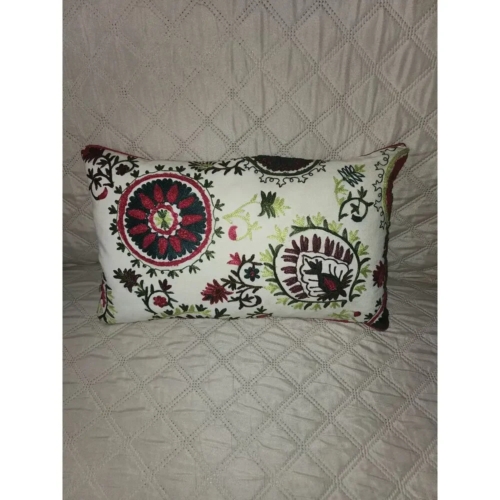 Bohemian Pillow Vibrant Floral Lumbar Embroidered Decor Feather removable case